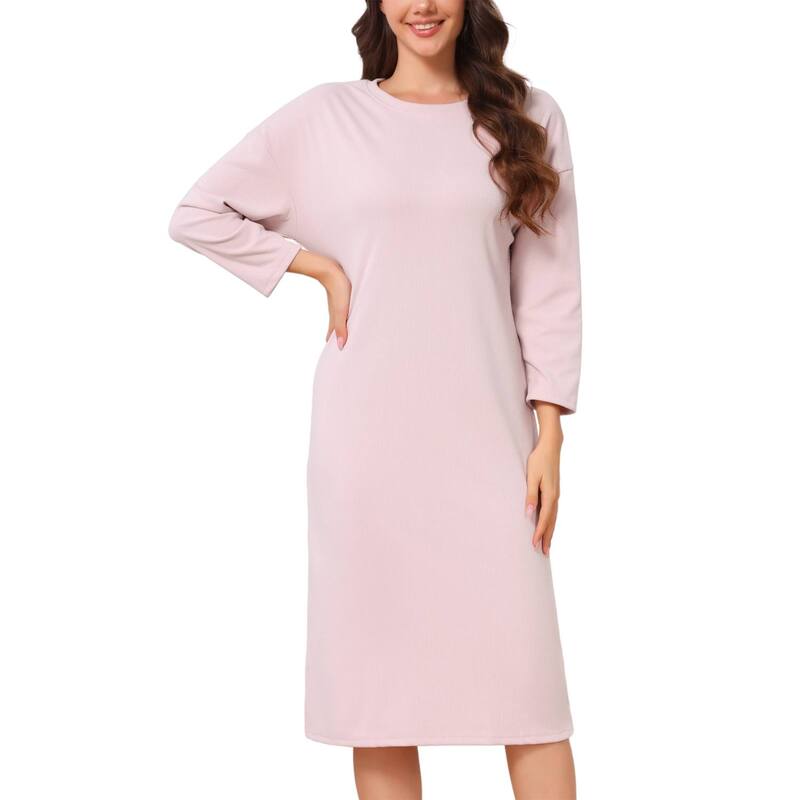 インスパイア シック レディース アンダーウェア ナイトウェア リブ ミディ フリース INSPIRE CHIC Women's Nightgown Thermal Dralon Fleece Ribbed Long Sleeve Round Neck Loose Fit Midi Pajama Dress Pink ピンク｜ReVida 店