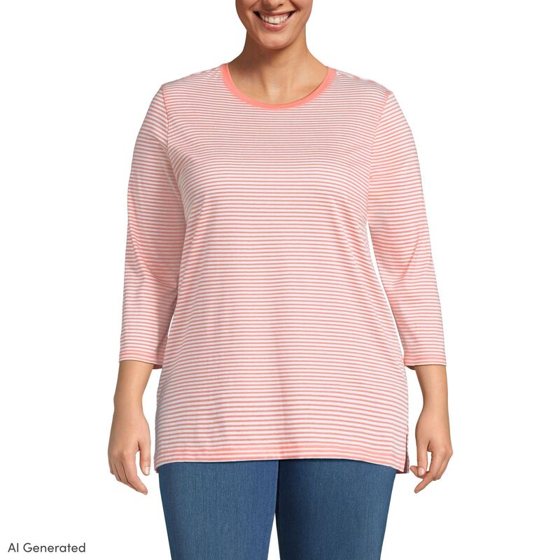 ランズエンド レディース トップス Tシャツ リラックスフィット クルーネック プラスサイズ コットン Plusize Lands' End Supima Cotton Relaxed Fit Crewneck Tunicoral Pink Stripe ピンク｜ReVida 店