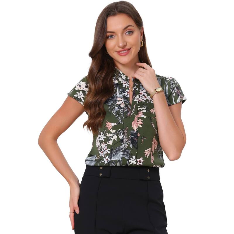 アレグラ ケー レディース トップス シャツ フラワー柄 サテン シルク ブラウス フラワー ALLEGRA K Satin Blouse for Women'stand Collar Floral Silky Work Blouse Top Army Green グリーン｜ReVida 店