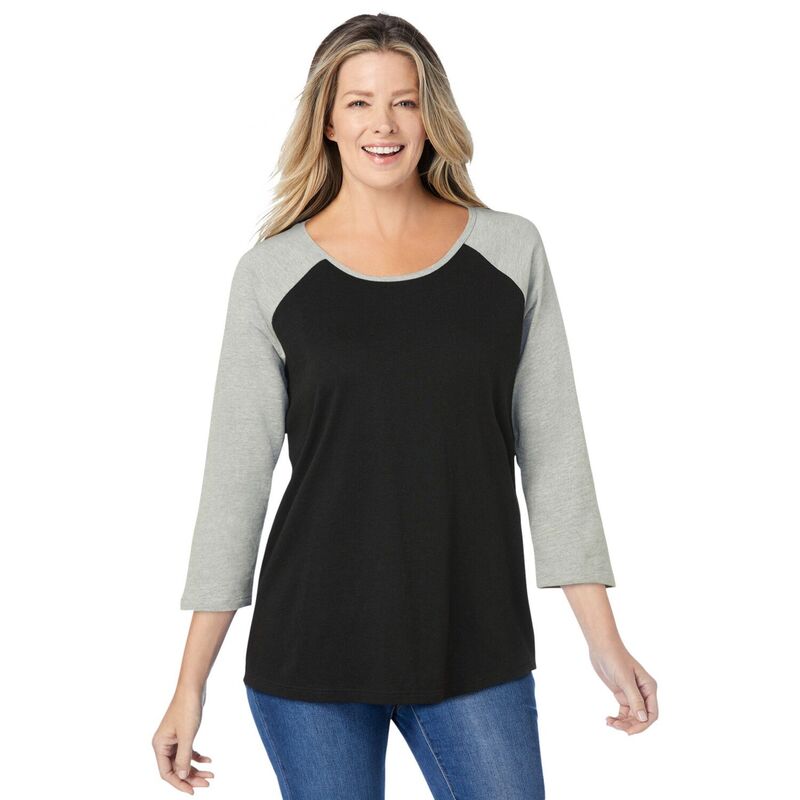ウーマン ウィズイン レディース トップス Tシャツ プラスサイズ Woman Within Plusize Three-Quarter Sleeve Baseball Tee Black Heather Grey ブラック｜ReVida 店 9,110円