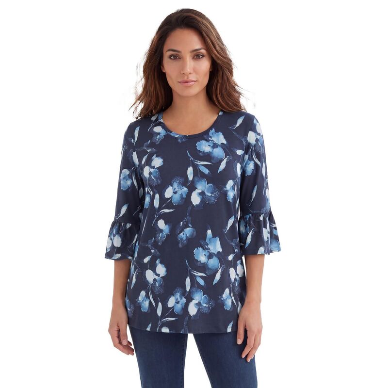 ロアマンズ レディース トップス Tシャツ プラスサイズ コットン Roaman's Women's Plusize Cotton Ultimate Bell Sleeve Tee Navy Iris Floral ネイビー｜ReVida 店