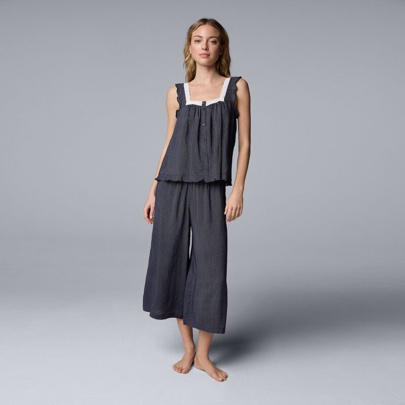 ヴェラウォン レディース アンダーウェア ナイトウェア パンツ Women'simply Vera Wang Plain Weave Pajama Tank Top and Culotte Pajama Pantset Navy Circles ネイビー｜ReVida 店