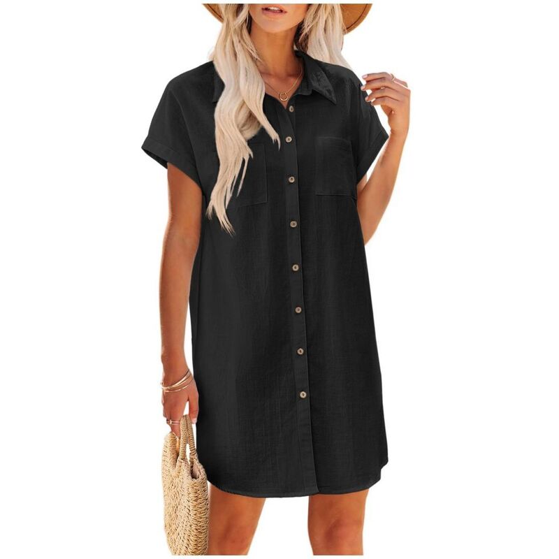 イエスファッション レディース トップス ワンピース ボタンダウン ミニ シャツ ダウン Yesfashion Women Button Down Short Sleeve Shirt Dresses Casual Mini Beach Dress Black ブラック｜ReVida 店