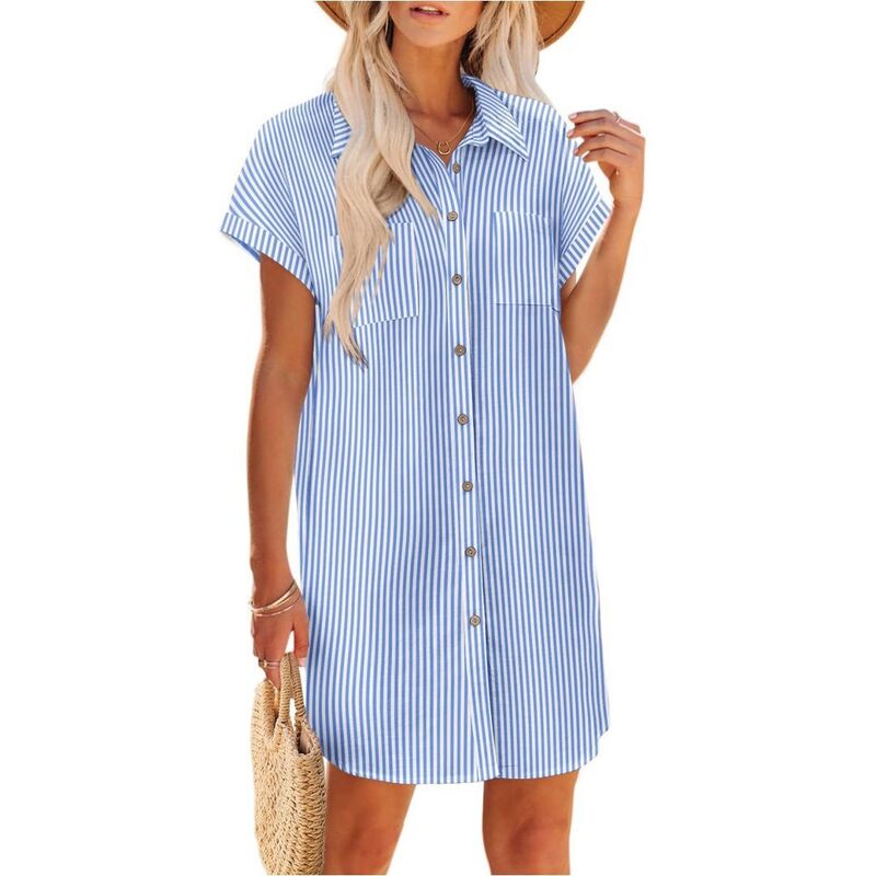 イエスファッション レディース トップス ワンピース ボタンダウン ミニ シャツ ダウン Yesfashion Women Button Down Short Sleeve Shirt Dresses Casual Mini Beach Dress Light Blue ブルー｜ReVida 店