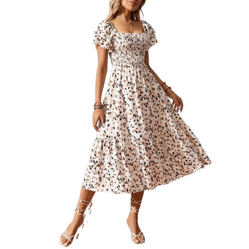 イエスファッション レディース トップス ワンピース フラワー柄 フリル ミディ シャーリング フラワー Yesfashion Women Casual Ruffle Floral Dresses Midi Short Sleeve Square Neck Boho Flowy Smockedress Apricot アプリコット|ReVida 店