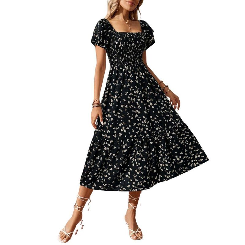 イエスファッション レディース トップス ワンピース フラワー柄 フリル ミディ シャーリング フラワー Yesfashion Women Casual Ruffle Floral Dresses Midi Short Sleeve Square Neck Boho Flowy Smockedress Black ブラック|ReVida 店