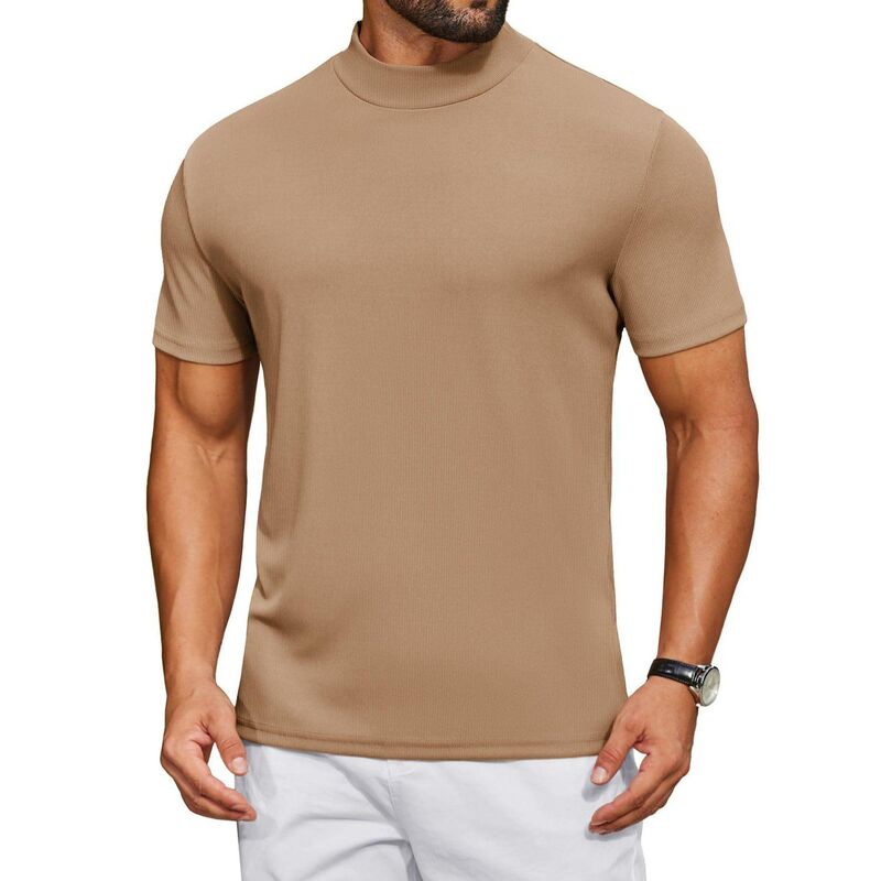 クーファンディ メンズ トップス Tシャツ タートルネック モックネック COOFANDY Men's Mock Neck T-Shirt Short Sleeve Casual Basic Tops Half Turtleneck Pullover Solid Tee Khaki カーキ｜ReVida 店