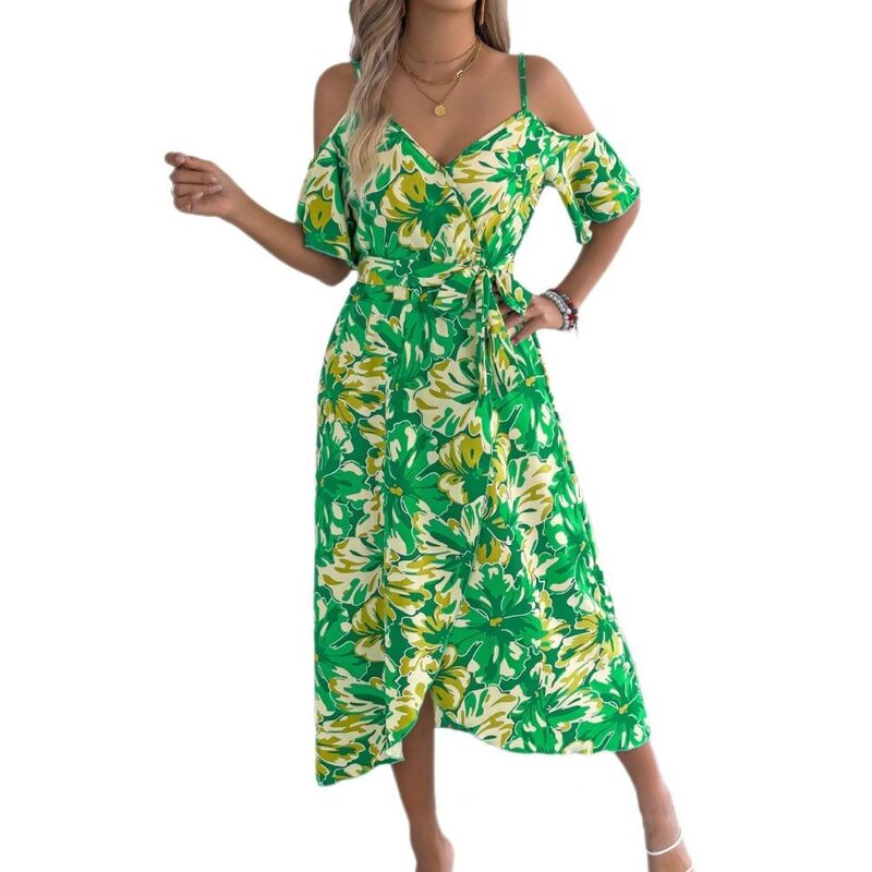 イエスファッション レディース トップス ワンピース Vネック フラワー柄 ミディ フラワー Yesfashion Womens Casual Midi Dress Cold Shoulder Spaghetti Straps V-neck Wrap Front Floral Split Hem for Beach Green Flower グリーン｜ReVida 店