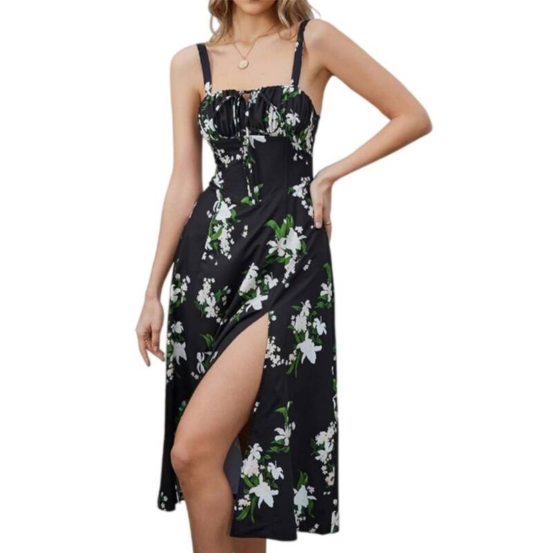 イエスファッション レディース トップス ワンピース フラワー柄 ミディ フラワー Yesfashion Women Floral Corset Midi Dress Flowy Slit Weddinguest Sundress Black ブラック｜ReVida 店