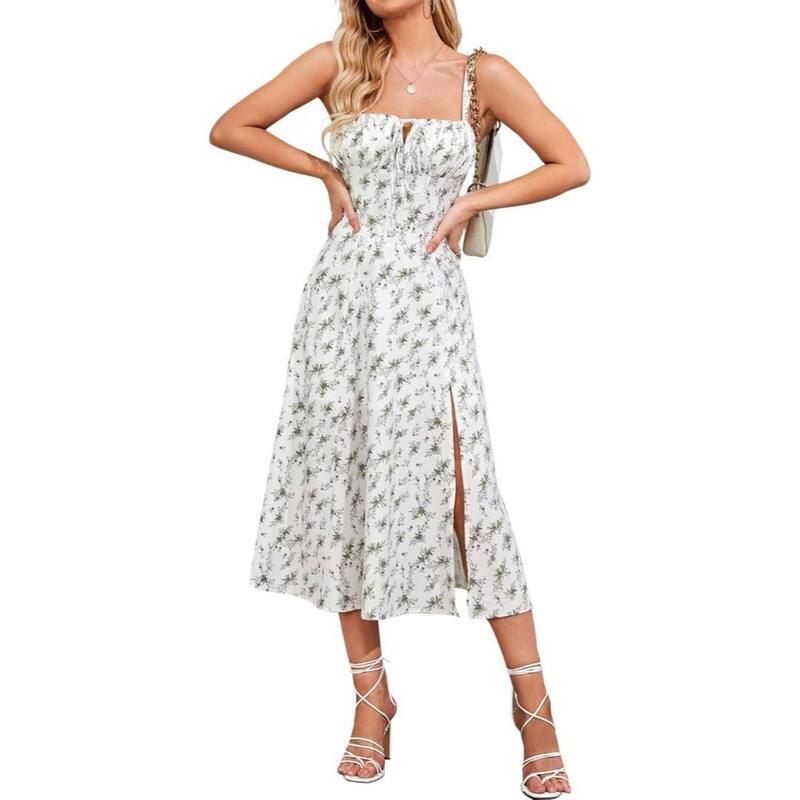 イエスファッション レディース トップス ワンピース フラワー柄 ミディ フラワー Yesfashion Women Floral Corset Midi Dress Flowy Slit Weddinguest Sundress Green グリーン｜ReVida 店