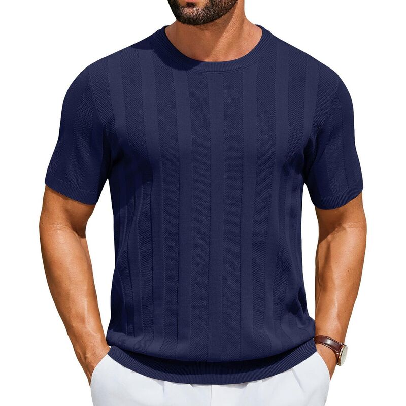 クーファンディ メンズ トップス Tシャツ クルーネック リブ セーター ニット COOFANDY Men' T-Shirtshort Sleeve Knit Sweater Shirt Casual Crewneck Ribbed Pullover Tees Basic Navy Blue ネイビー｜ReVida 店