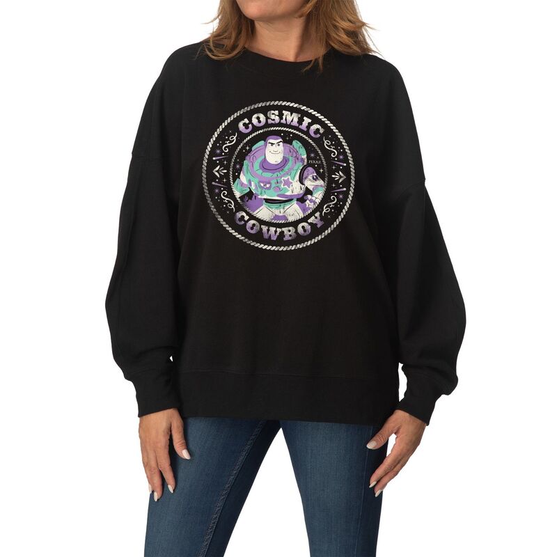 ディズニー ピクサー レディース トップス Tシャツ スウェット フリース Women's Disney / Pixar's Toy Story 5 Buzz Lightyear Cosmicowboy Oversized Fleece Crew Sweatshirt Black ブラック｜ReVida 店