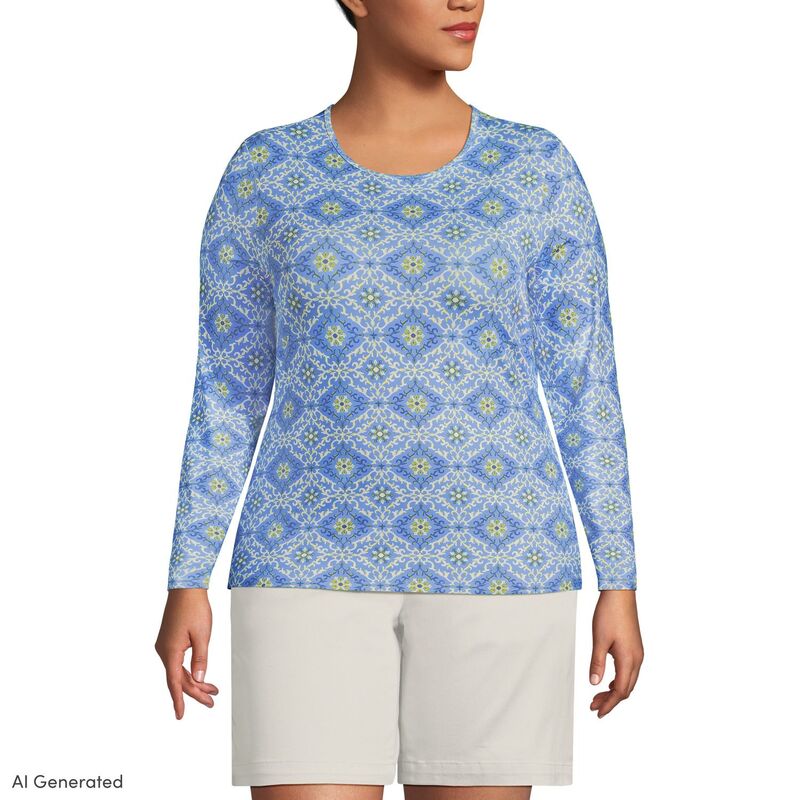 ランズエンド レディース トップス Tシャツ クルーネック プラスサイズ Plusize Lands' End Long Sleeve Crewneck Garden Top Bluegret Geo Floral ブルー｜ReVida 店
