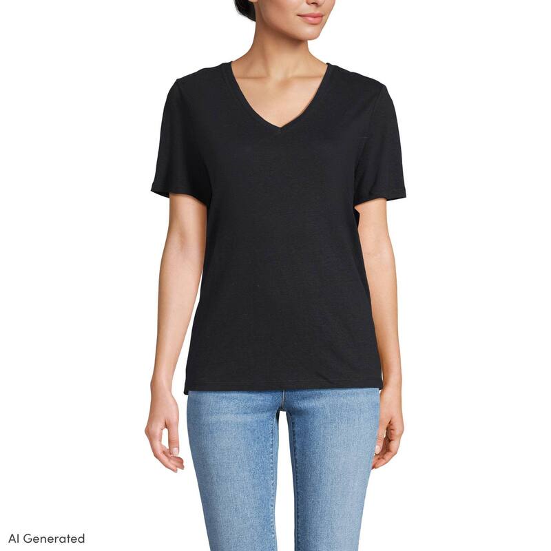 ランズエンド レディース トップス Tシャツ Vネック リネン Women's Lands' End Short Sleeve Linen Blend V-Neck Tee Black ブラック｜ReVida 店
