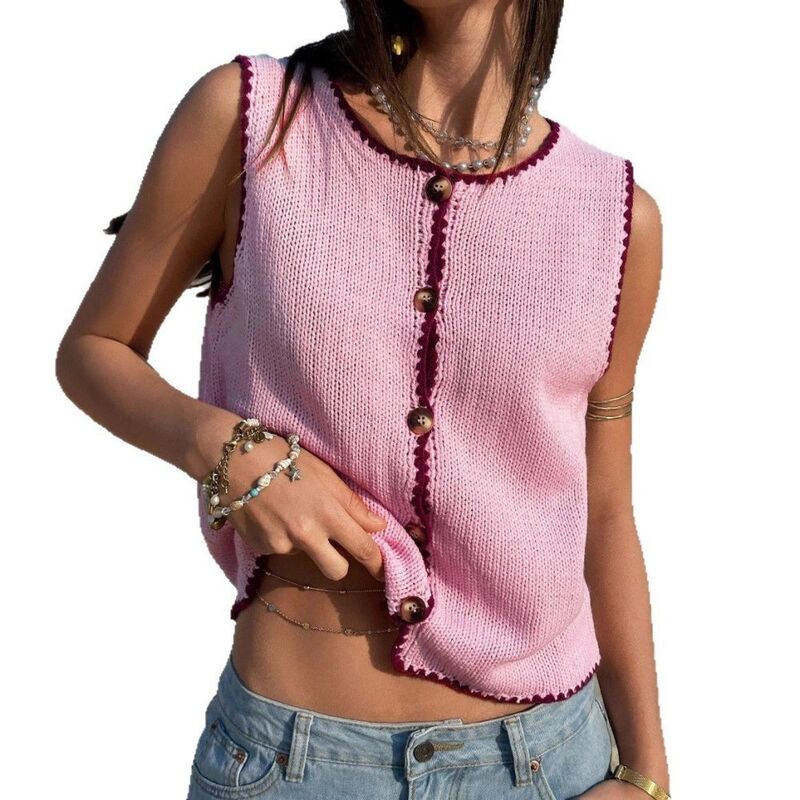 コジョイン レディース アウター ニット・セーター ボタンダウン クルーネック ベスト ノースリーブ カーディガン ダウン Kojooin Women Sleeveless Cardigan Summer Crew Neck Button Down Sweater Vest Knit Cardigans Pink ピンク｜ReVida 店