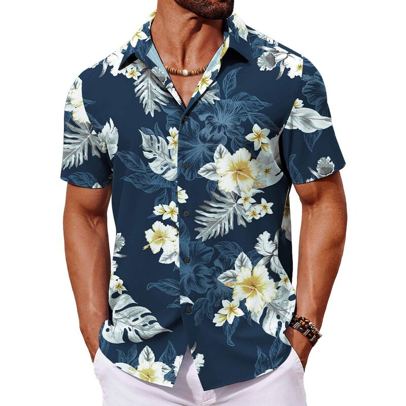 クーファンディ メンズ トップス Tシャツ ボタンダウン COOFANDY Mens Hawaiian Shirtshort Sleeve Summer Shirts Button Down Tropical Shirts for Menavy White Floral ホワイト｜ReVida 店