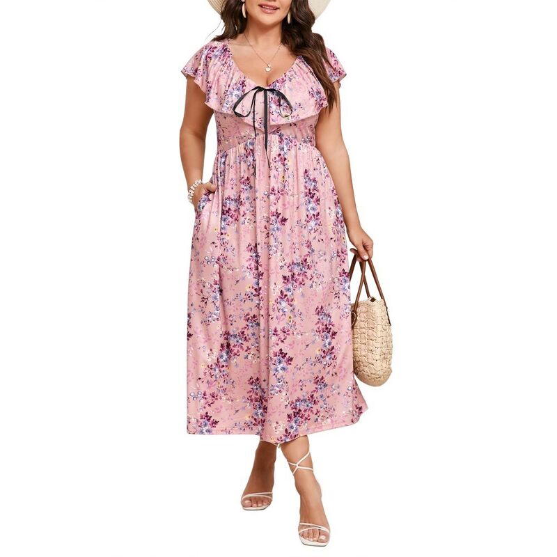 イエスファッション レディース トップス ワンピース Vネック フラワー柄 プラスサイズ フリル ミディ フラワー Yesfashion Women\'s Plusize Floral Midi Dress. V-Neck Ruffle Sleeve Waist Casual Dress with Pockets Pink Flower ピンク｜ReVida 店