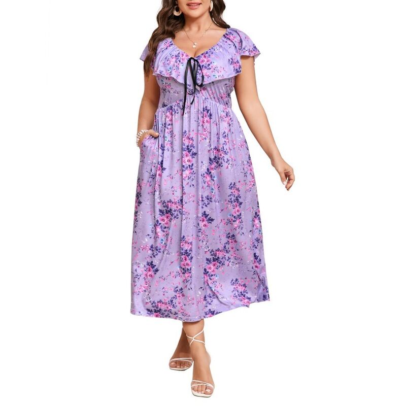 イエスファッション レディース トップス ワンピース Vネック フラワー柄 プラスサイズ フリル ミディ フラワー Yesfashion Women\'s Plusize Floral Midi Dress. V-Neck Ruffle Sleeve Waist Casual Dress with Pockets Purple Flower パープル｜ReVida 店