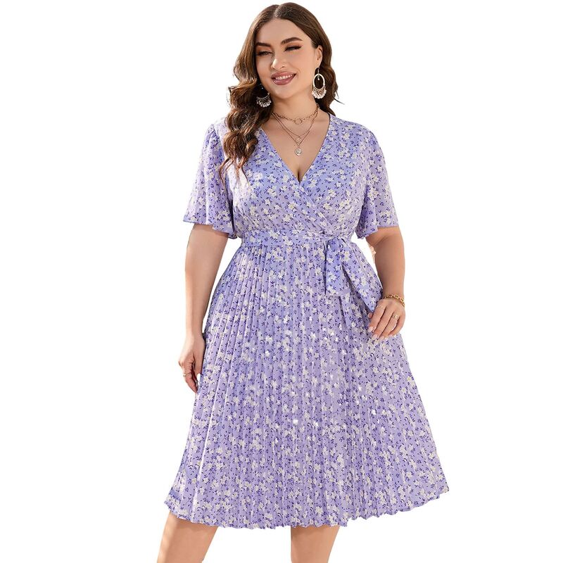 クリアフラワー レディース トップス ワンピース Vネック プラスサイズ プリーツ ミディ ClearFlower Women's Plusize Wrap Dress - V-Neck Short Flutter Sleeve Pleated Summer Belt Midi Dress Purple パープル｜ReVida 店 9,610円