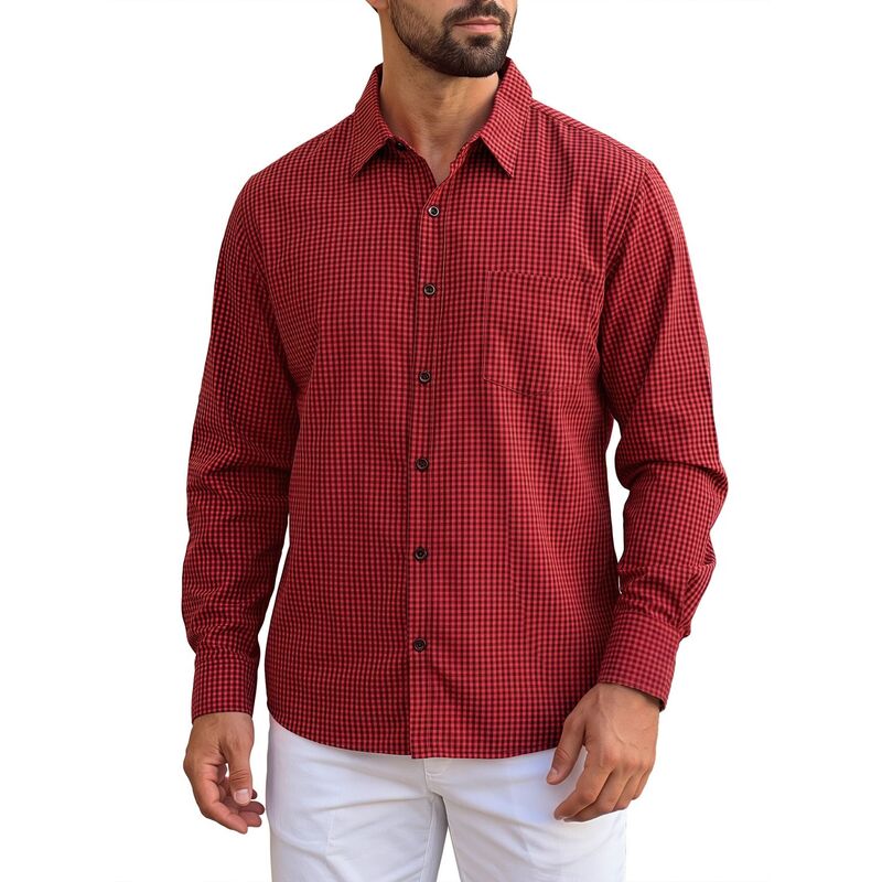 インスパイア シック メンズ トップス Tシャツ ボタンダウン INSPIRE CHIC Men's Plaid Shirt Long Sleeve Button Down Casual Business Checked Shirts Dark Red レッド|ReVida 店