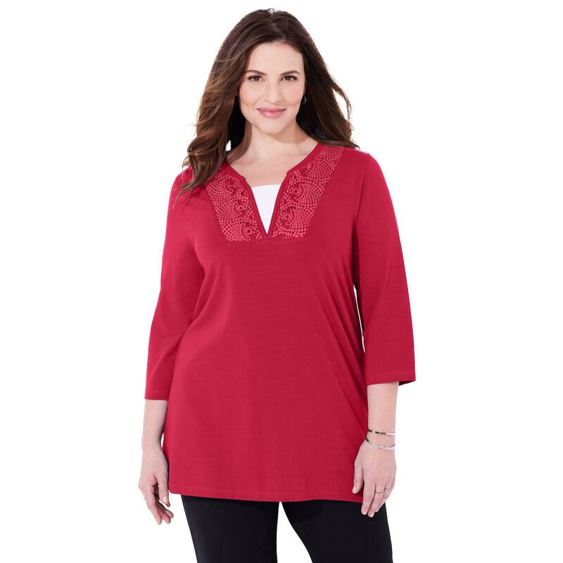 キャサリンズ レディース トップス シャツ レーストリム プラスサイズ レース Catherines Women's Plusize Suprema Lace Trim Duetop Classic Red レッド｜ReVida 店
