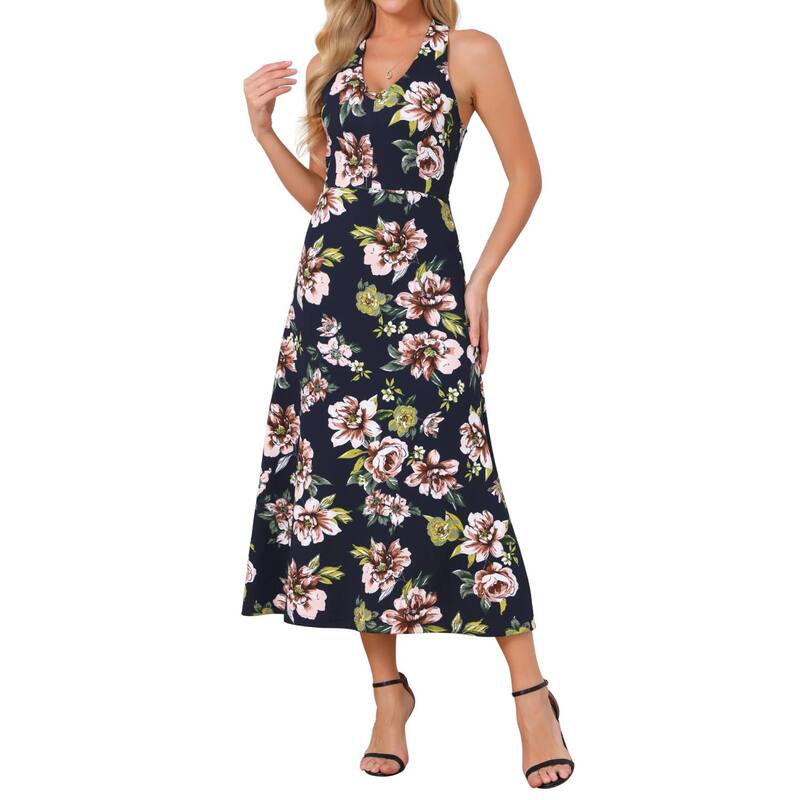 インスパイア シック レディース トップス ワンピース A ライン フラワー柄 マキシ フラワー ホルター INSPIRE CHIC Women's Floral Maxi Dress Halter Neck Sundress A-line Fitted High Waisted Beach Long Summer Dresses Black Blue ブラック|ReVida 店