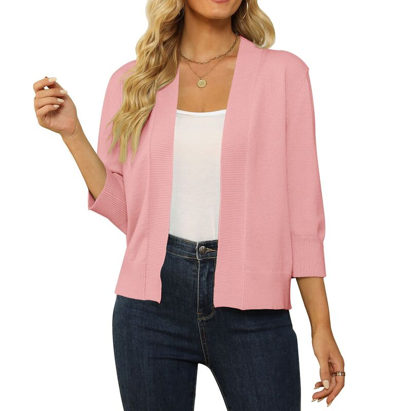 セオリア レディース アウター ニット・セーター カーディガン クロップド Seoria Women's 3/4 Sleeve Cropped Cardigan Lightweight Knit Open Front Shrug Light Pink ピンク｜ReVida 店