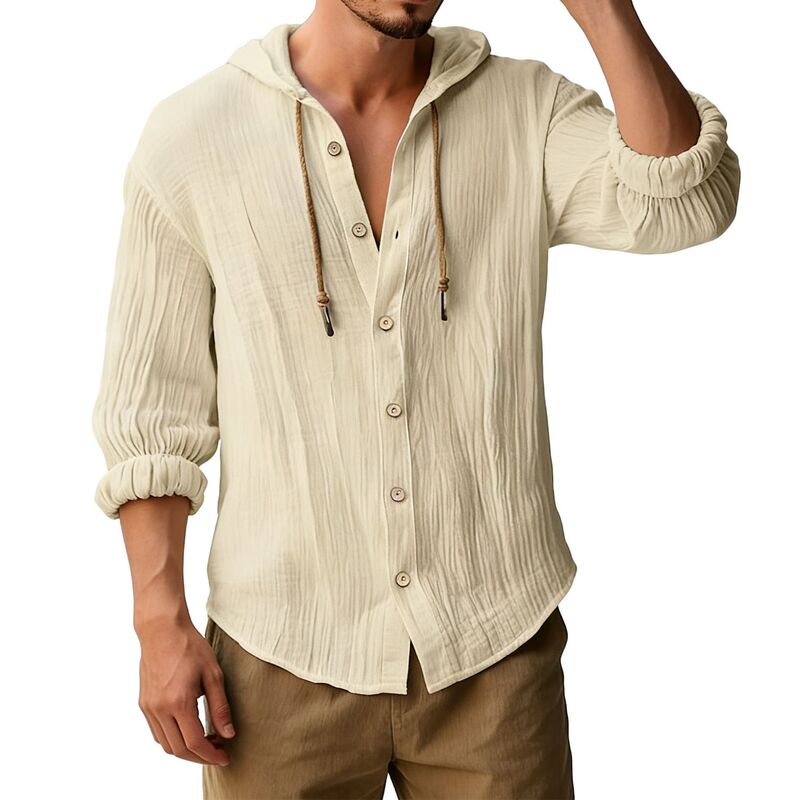 エリートスピリット メンズ トップス Tシャツ ダウン EliteSpirit Men's Hooded Button-Down Shirt - Lightweight Wrinkled Texture Long Sleeve Casual Tunic Top Khaki カーキ|ReVida 店