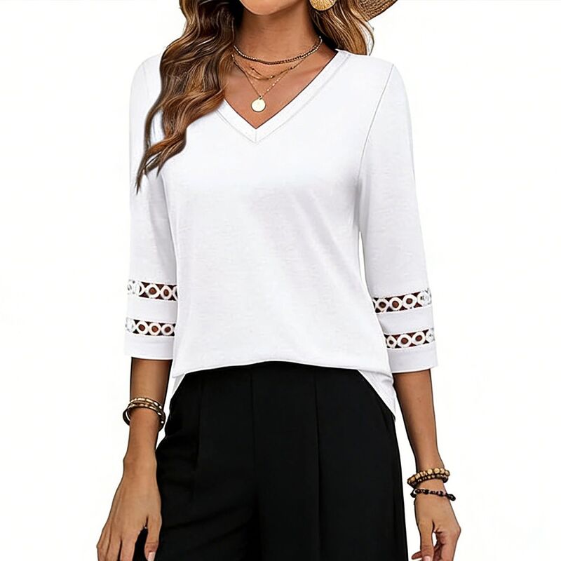 エリートスピリット レディース トップス Tシャツ Vネック カットアウト ブラウス EliteSpirit Women's V-Neck 3/4 Sleeve Top - Cutout Detailoose-Fit Blouse for Casual Office Daily Wear White ホワイト|ReVida 店