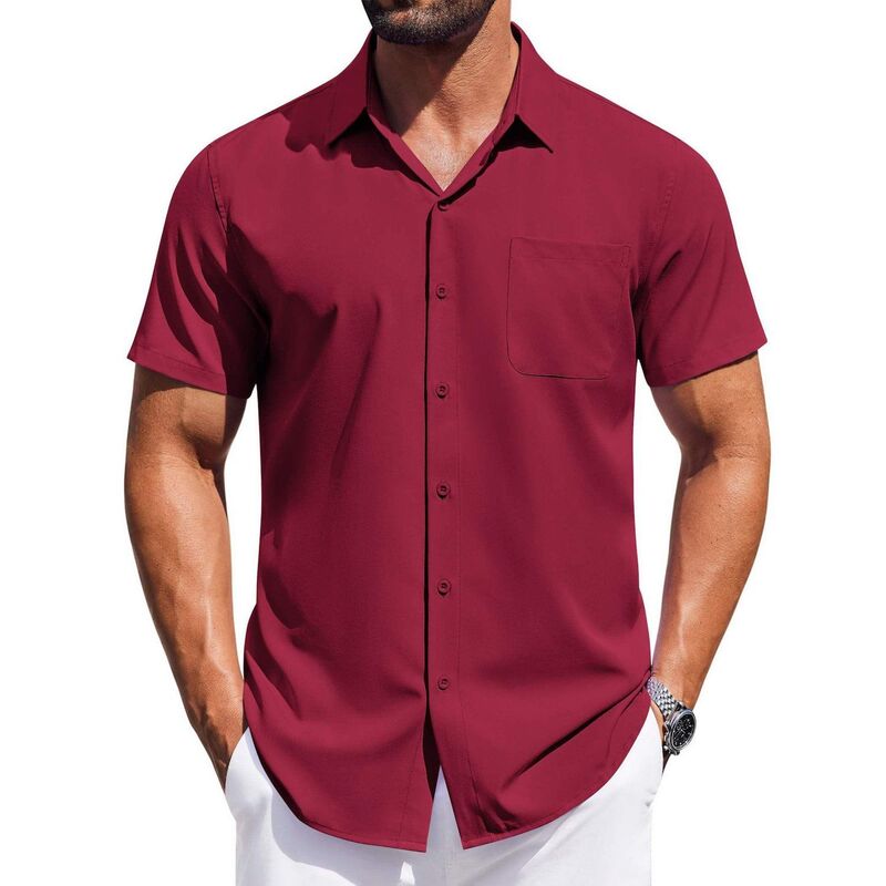クーファンディ メンズ トップス Tシャツ レギュラーフィット ボタンダウン COOFANDY Mensummer Beach Shirt Short Sleeve Button Down Shirts Regular Fit Vacation Beach Shirts Wine Red レッド｜ReVida 店