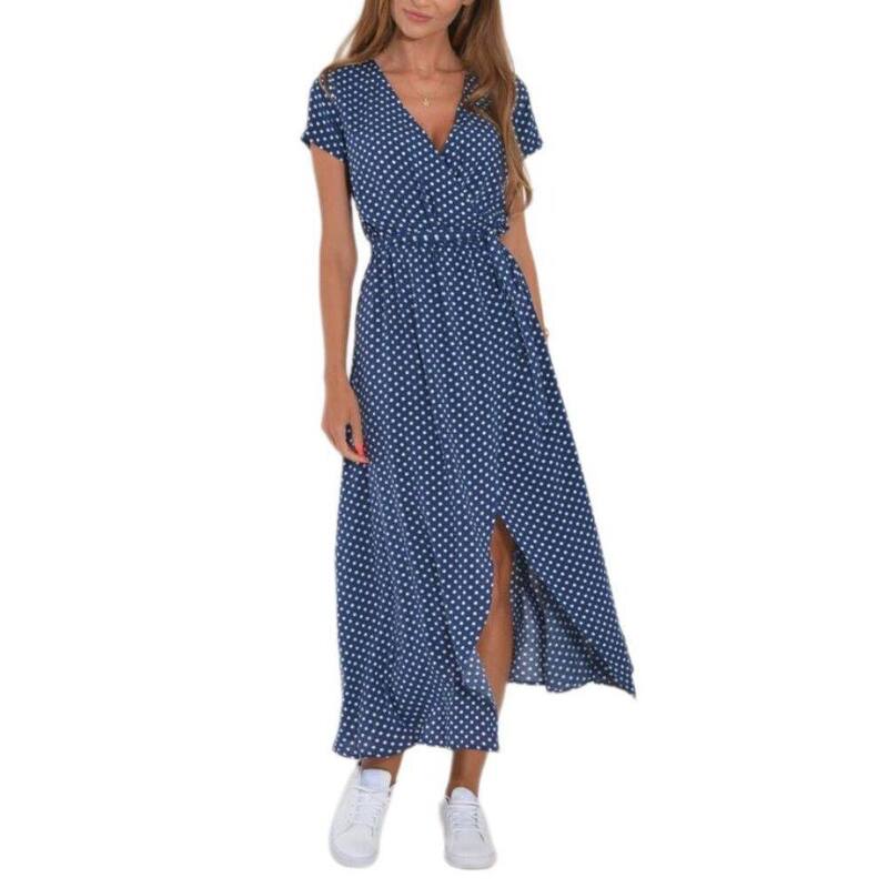 イエスファッション レディース トップス ワンピース Vネック Yesfashion Women's Boho Dresshort Sleeve Wrap V Neck Long Flowy Causal Beach Summer Travel Dresses Blue ブルー｜ReVida 店 9,225円