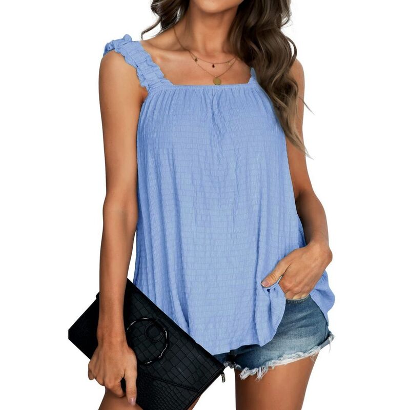 ボディサイズ レディース トップス Tシャツ ベスト ノースリーブ BODDYSIZE Womens Casual Flowy Sleeveless Tank Top Boho Square Neck Strap Vest Blue ブルー|ReVida 店