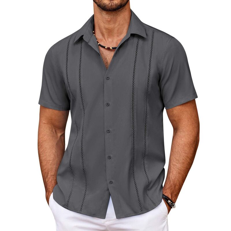 クーファンディ メンズ トップス Tシャツ ボタンダウン COOFANDY Men' Cuban Guayabera Shirt Summer Beach Vacation Shirt Casual Short Sleeve Button Down Granite Grey グレー｜ReVida 店