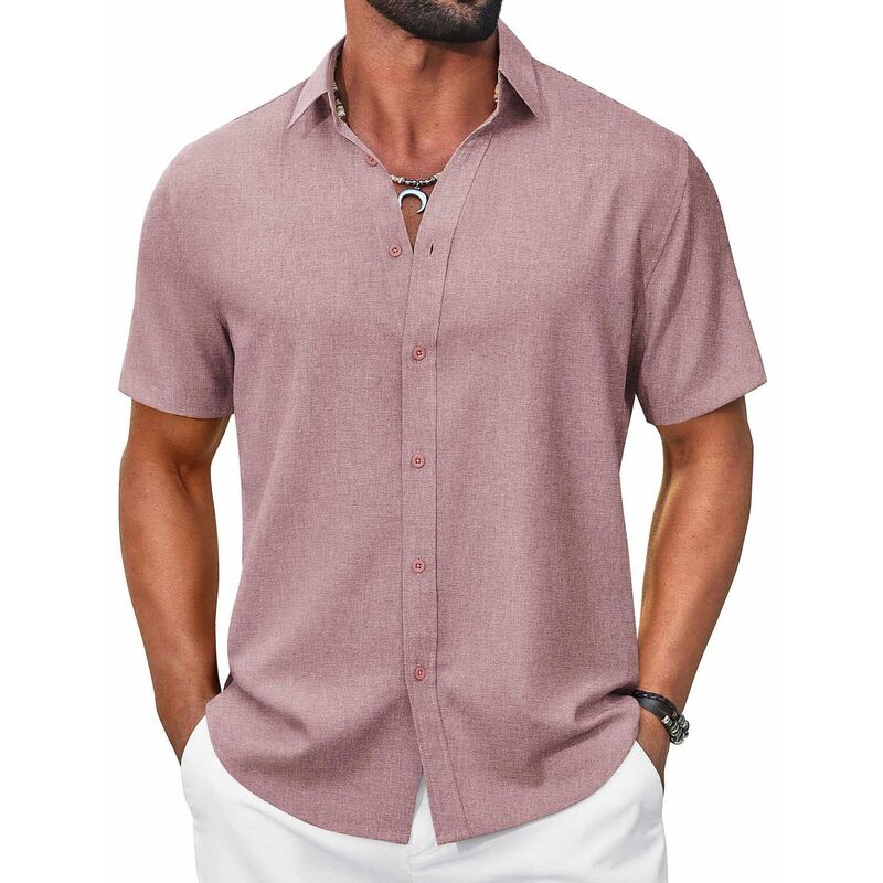クーファンディ メンズ トップス Tシャツ COOFANDY Mens White Short Sleeve Button Up Shirts Casual Summer Beach Shirts Cruise Vacation Wear Dusty Pink ピンク|ReVida 店