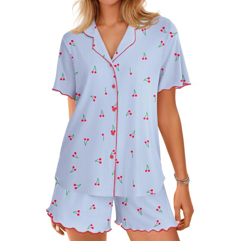 エコアー レディース アンダーウェア ナイトウェア リブ ショートパンツ ニット Ekouaer Button Upajamaset for Women Short Sleeve Ribbed Knit Sleepwear 2 Piece Pjshortset Blue Cherries ブルー|ReVida 店