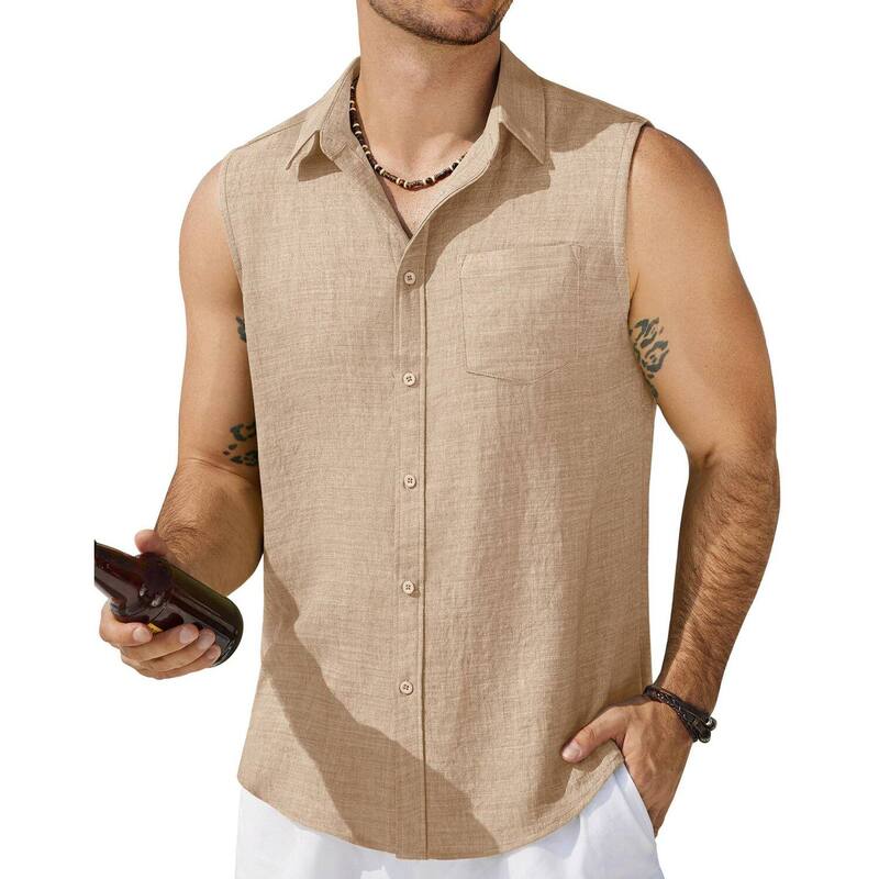 クーファンディ メンズ トップス Tシャツ ノースリーブ COOFANDY Summer Sleevelesshirts for Men Tank Tops Beach Wear Button Up Tankshirt Khaki カーキ|ReVida 店