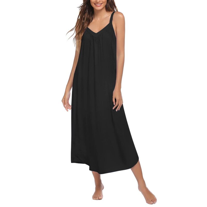 エコアー レディース アンダーウェア ナイトウェア プリント シャツ ノースリーブ Ekouaer Womensleeveless Nightgown Full Slip Nightshirt Print Nightwear Fullength Loungewear Black ブラック｜ReVida 店
