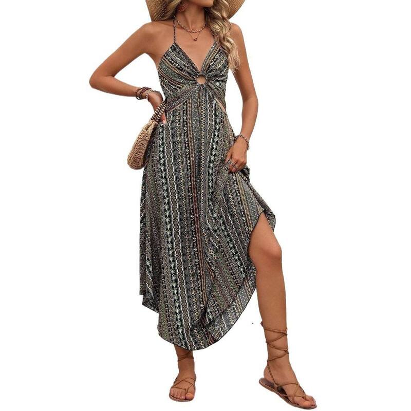 イエスファッション レディース トップス ワンピース Vネック フラワー柄 プリント フラワー Yesfashion Women'summer Floral Printing Beach Dresses V-Neck Spaghetti Straps Tie Back Dress Army Green グリーン|ReVida 店