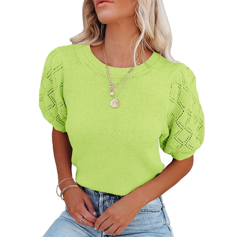 ジョイジョイ レディース トップス Tシャツ セーター クロップド レース ニット JoyJoy Women's Puff Sleeve Cropped Knitop Round Neck Eyelet Lace Short Sleeve Casual Sweater Top Bright Green グリーン|ReVida 店