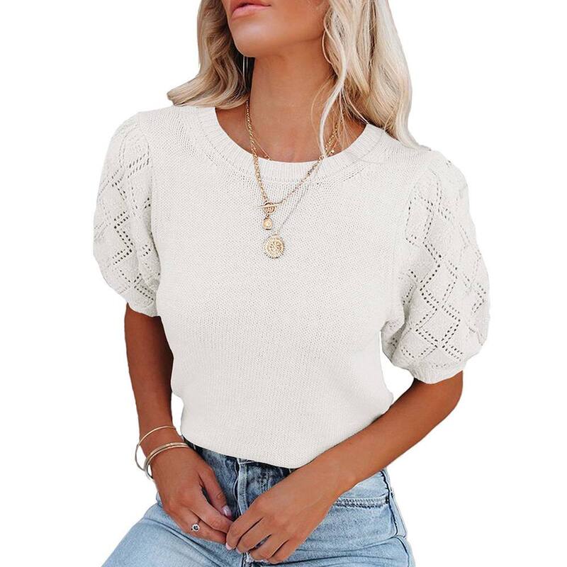 ジョイジョイ レディース トップス Tシャツ セーター クロップド レース ニット JoyJoy Women's Puff Sleeve Cropped Knitop Round Neck Eyelet Lace Short Sleeve Casual Sweater Top Creamy White ホワイト|ReVida 店
