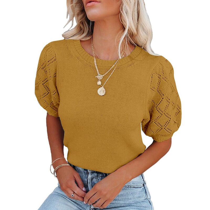 ジョイジョイ レディース トップス Tシャツ セーター クロップド レース ニット JoyJoy Women's Puff Sleeve Cropped Knitop Round Neck Eyelet Lace Short Sleeve Casual Sweater Top Ginger Yellow イエロー|ReVida 店