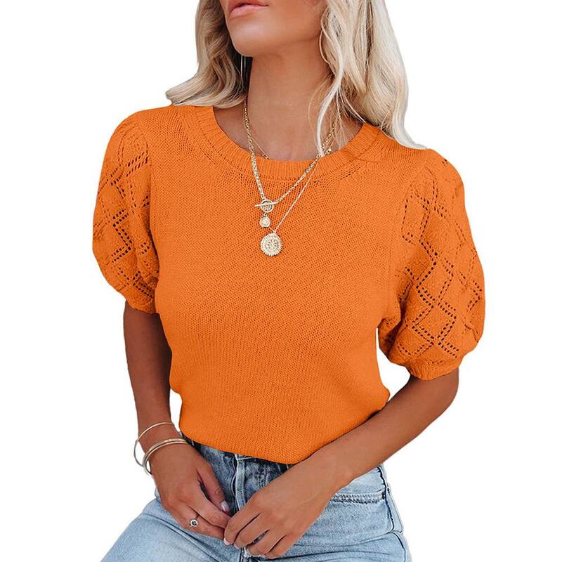 ジョイジョイ レディース トップス Tシャツ セーター クロップド レース ニット JoyJoy Women's Puff Sleeve Cropped Knitop Round Neck Eyelet Lace Short Sleeve Casual Sweater Top Light Orange オレンジ|ReVida 店