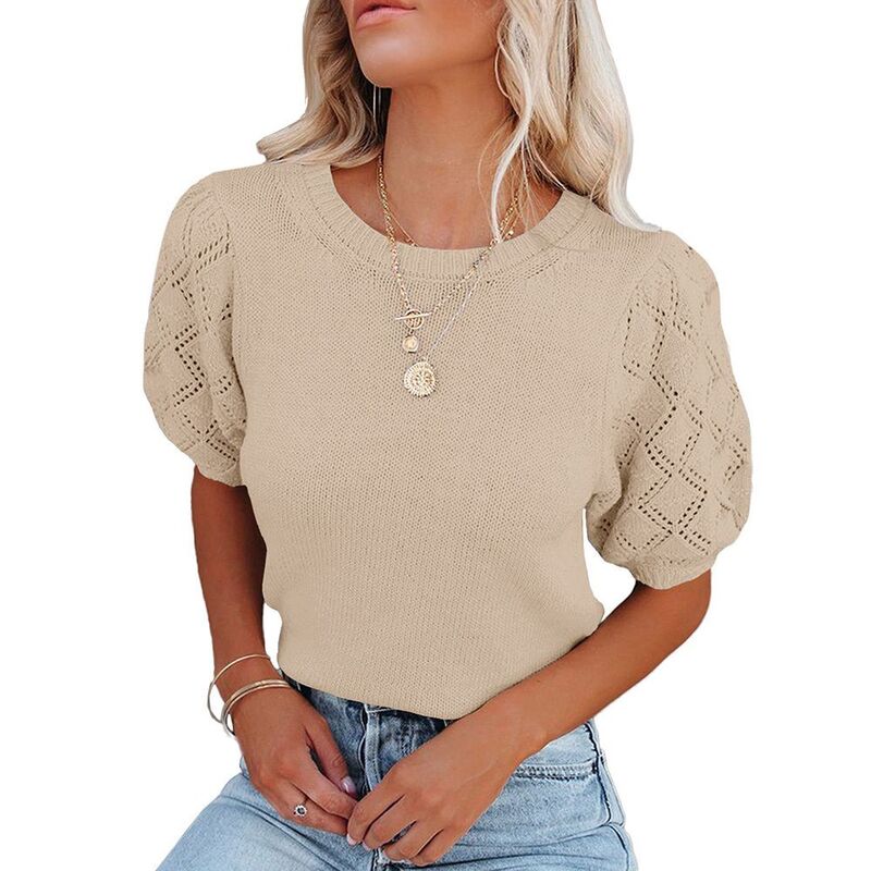 ジョイジョイ レディース トップス Tシャツ セーター クロップド レース ニット JoyJoy Women's Puff Sleeve Cropped Knitop Round Neck Eyelet Lace Short Sleeve Casual Sweater Top Off White オフホワイト｜ReVida 店