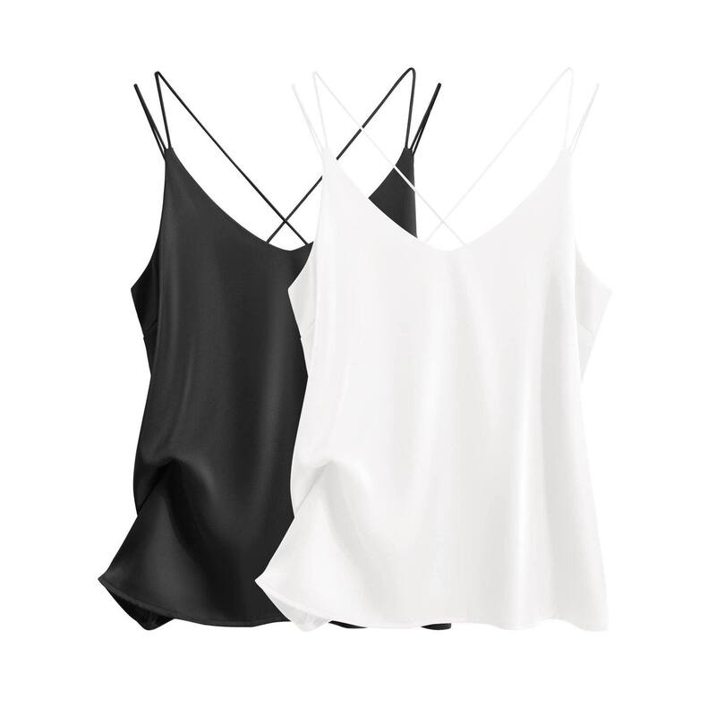 エコアー レディース トップス Tシャツ Vネック Ekouaer Womens 2 Pack Cross Back Camisole Tank Top V Neck Spaghetti Strap Cami Black White ホワイト｜ReVida 店
