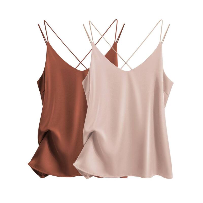 エコアー レディース トップス Tシャツ Vネック Ekouaer Womens 2 Pack Cross Back Camisole Tank Top V Neck Spaghetti Strap Cami Caramel Champagne シャンパン｜ReVida 店
