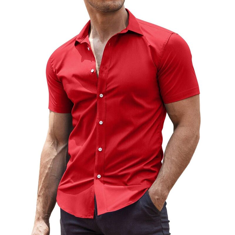 クーファンディ メンズ トップス Tシャツ スリムフィット ボタンダウン COOFANDY Men' Casual Shirt Short Sleeve Button Down Slim Fit Shirt for Men Red レッド|ReVida 店