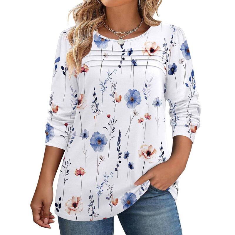 ジーグー レディース トップス Tシャツ クルーネック フラワー柄 プリーツ ブラウス フラワー Zeagoo Women's Floralong Sleeve Crewneck Pleated Tunic Tops Casual Fall Dressy Blouses White ホワイト|ReVida 店