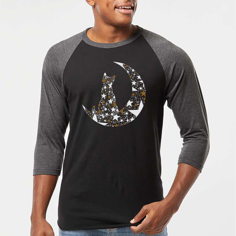エルエーポップアート メンズ トップス Tシャツ LA Pop Art Cat Sitting On Moon - Men's Raglan Baseball Word Art-Shirt Black Grey ブラック|ReVida 店