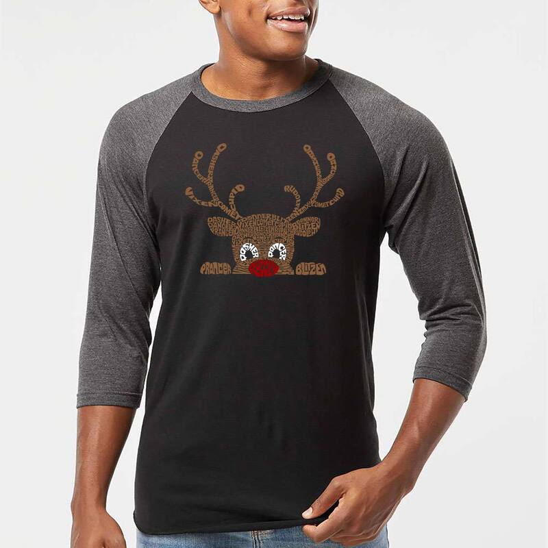 エルエーポップアート メンズ トップス Tシャツ LA Pop Art Peeking Reindeer - Men's Raglan Baseball Word Art-Shirt Black Grey ブラック｜ReVida 店