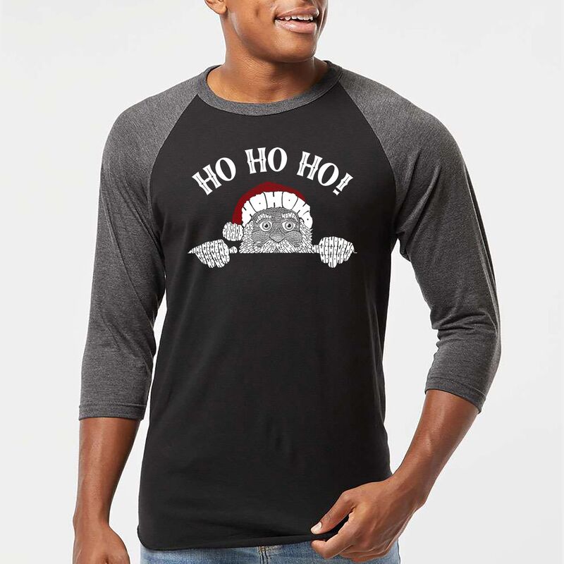 エルエーポップアート メンズ トップス Tシャツ LA Pop Art Peeking Santa - Men's Raglan Baseball Word Art-Shirt Black Grey ブラック｜ReVida 店
